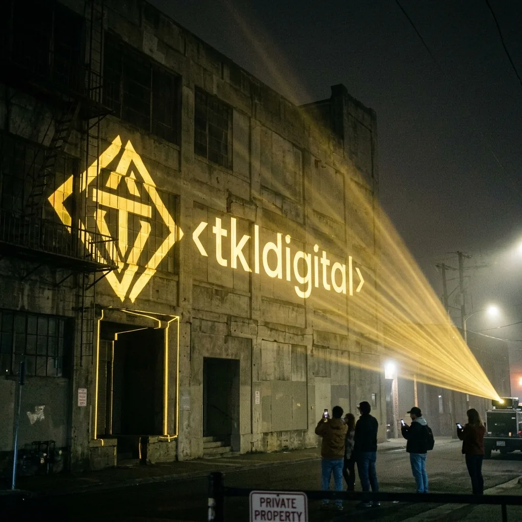 Projekcja laserowa logo tkldigital na fasadę budynku