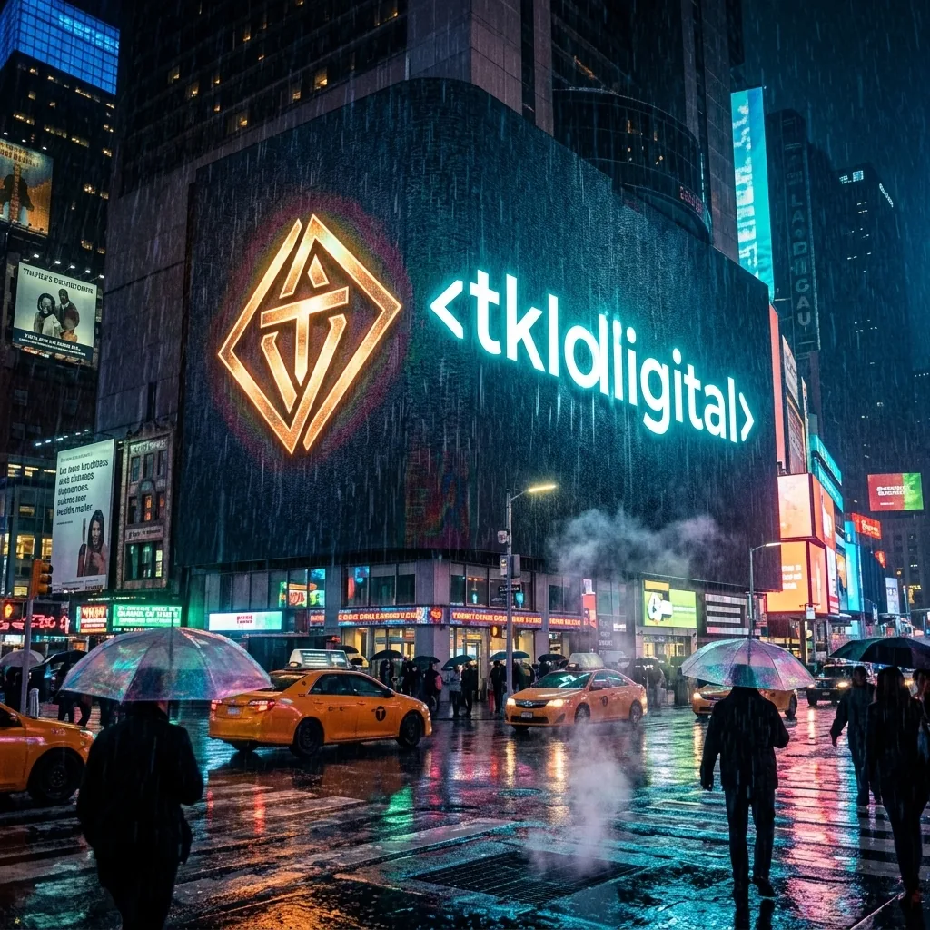 Logo tkldigital na billboardzie Times Square w deszczowy wieczór