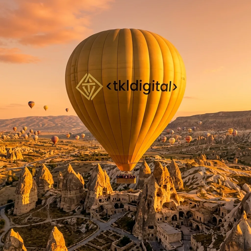 Balon z logo tkldigital nad Kapadocją o wschodzie