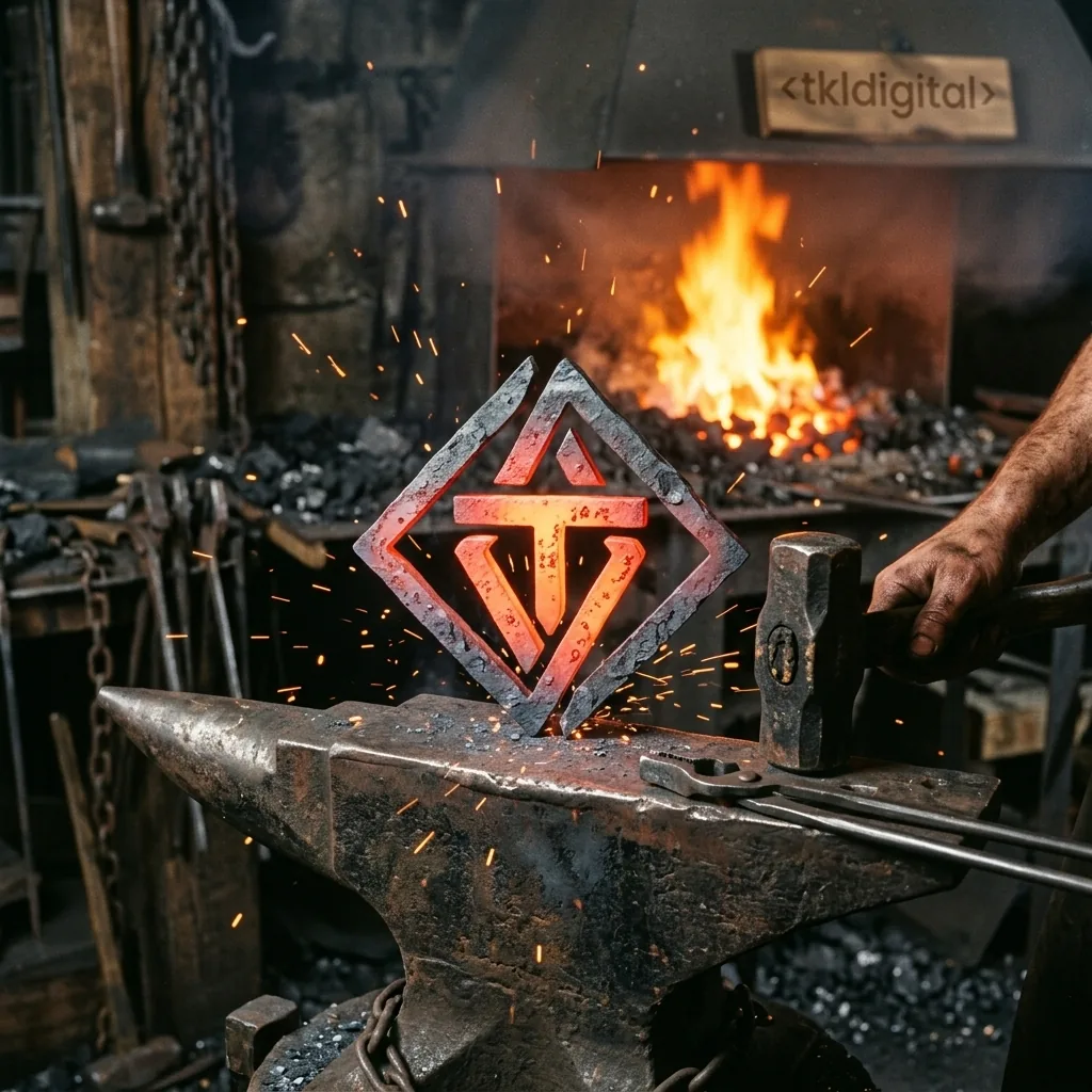Logo wykute z rozgrzanego metalu na kowadle