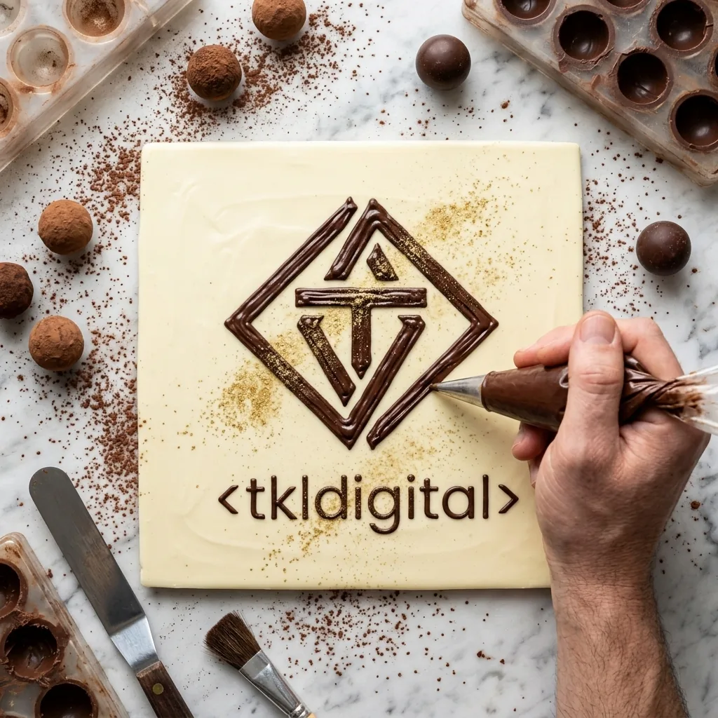 Logo rysowane czekoladą na białej tabliczce
