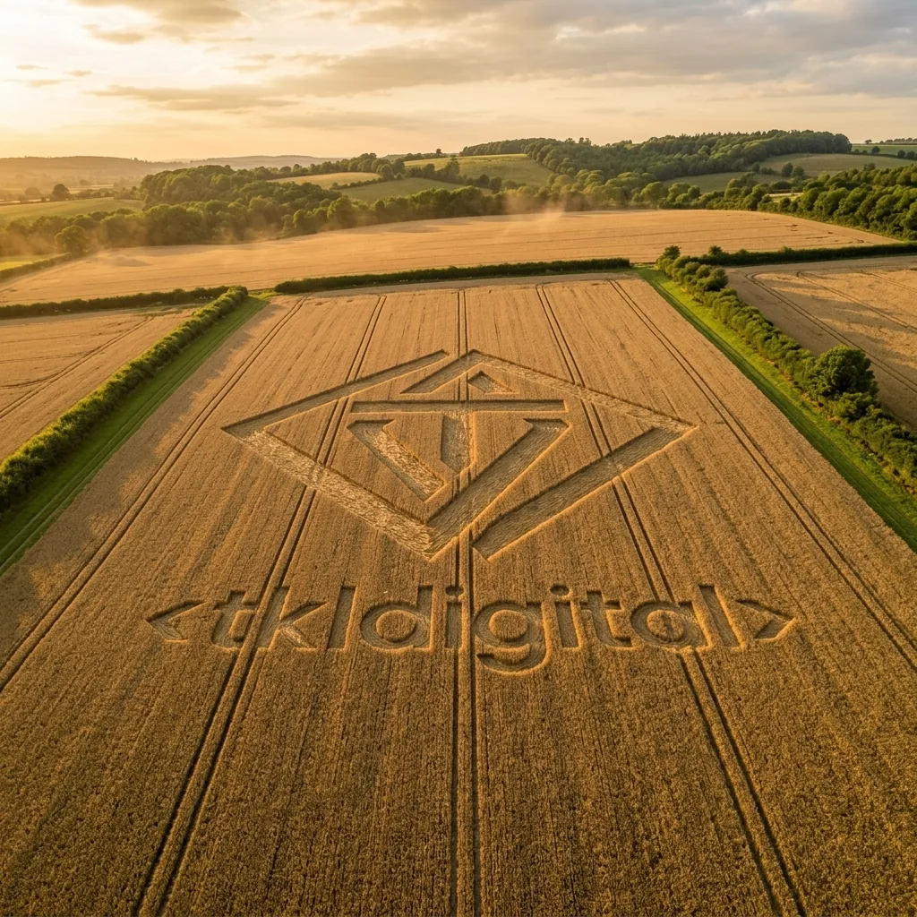 Kręgi w zbożu z logo widziane z lotu ptaka