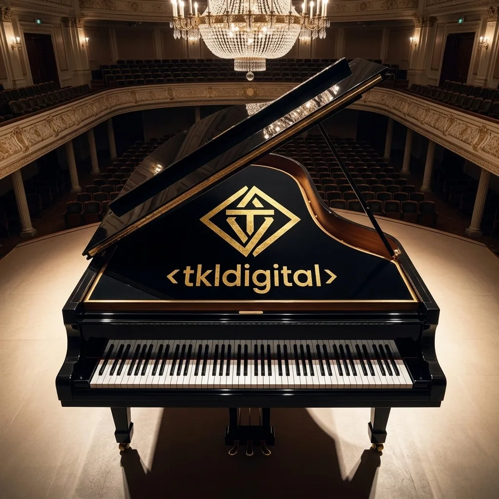 Fortepian koncertowy z logo na filharmonii