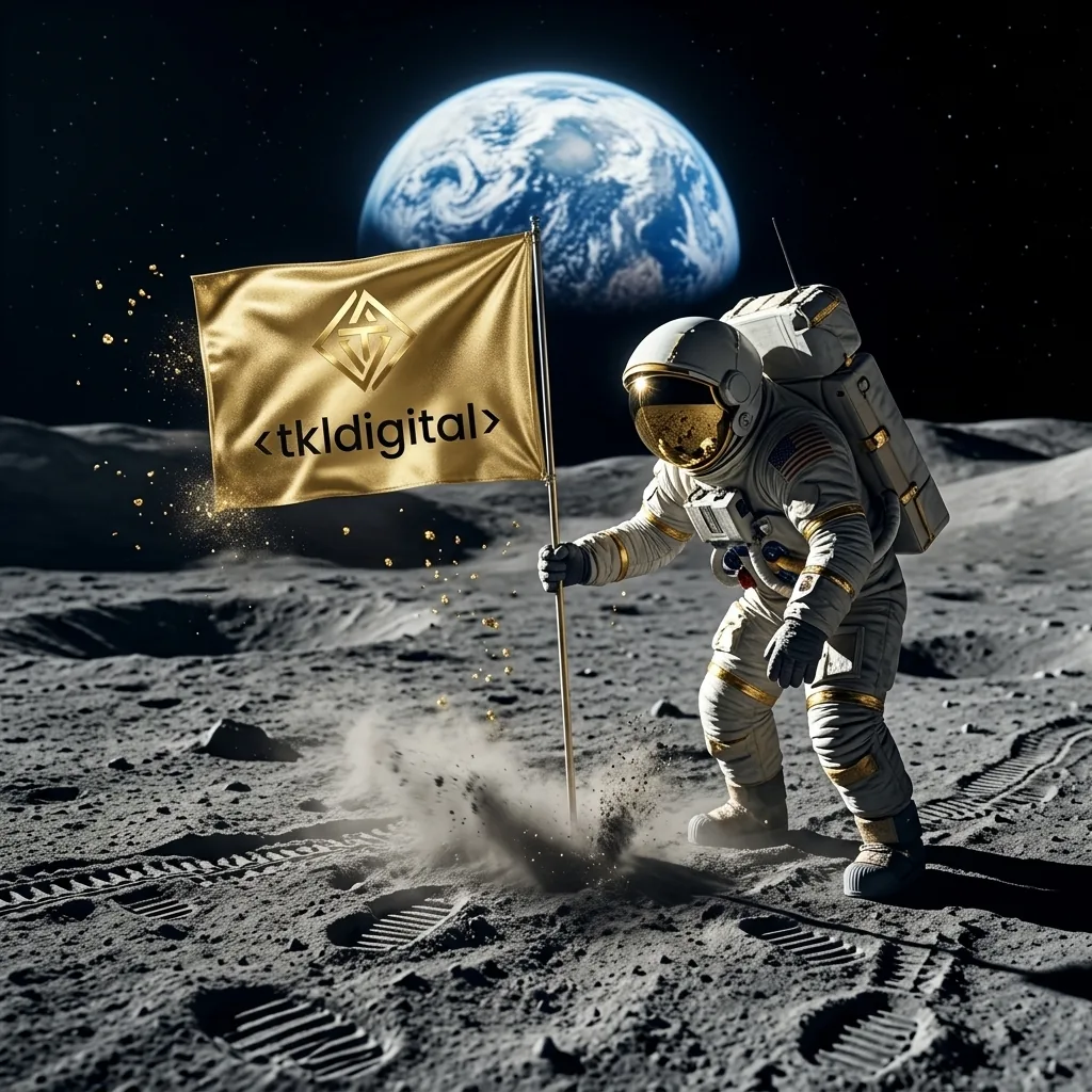 Astronauta wbijający złotą flagę z logo na Księżycu