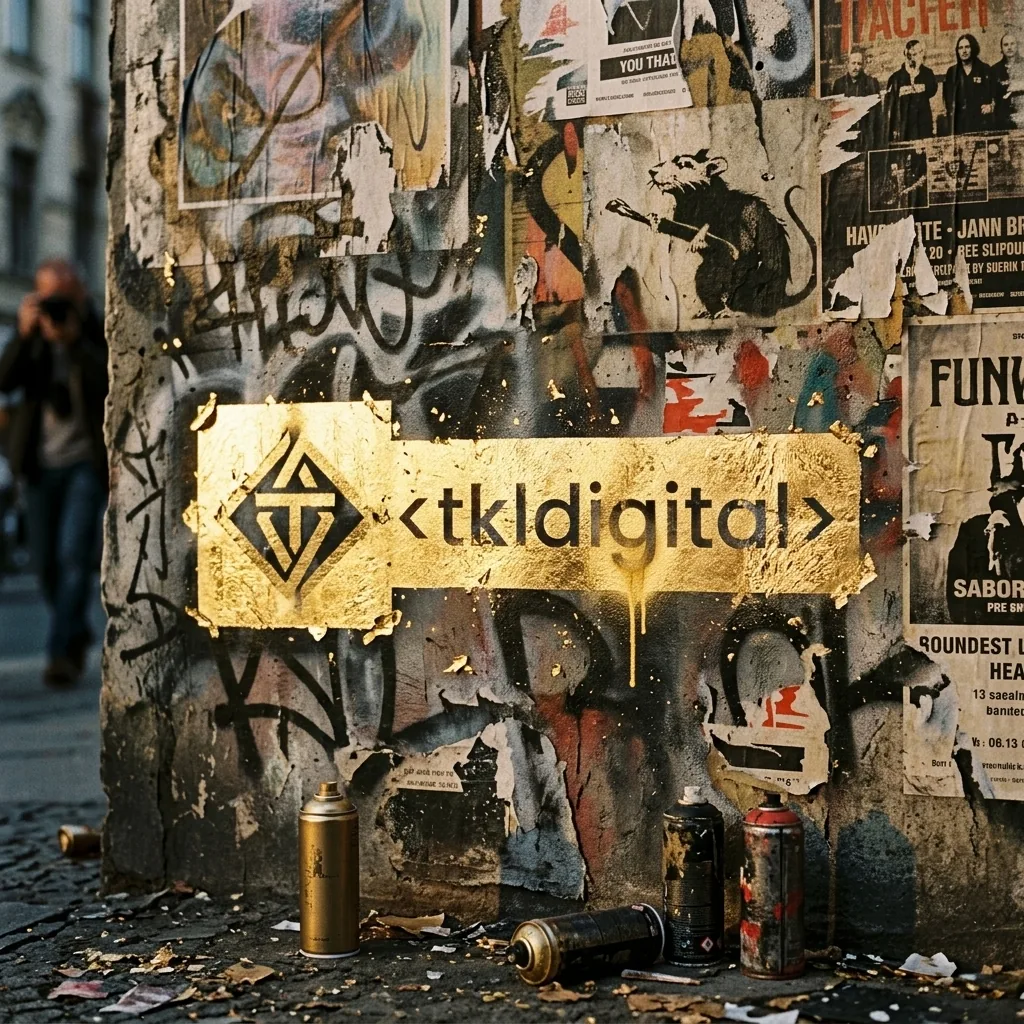 Złote logo na ścianie z graffiti w stylu Banksy'ego