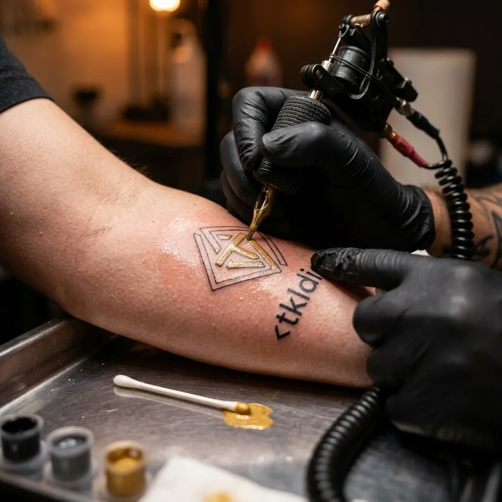 Logo tatuowane złotym tuszem na przedramieniu