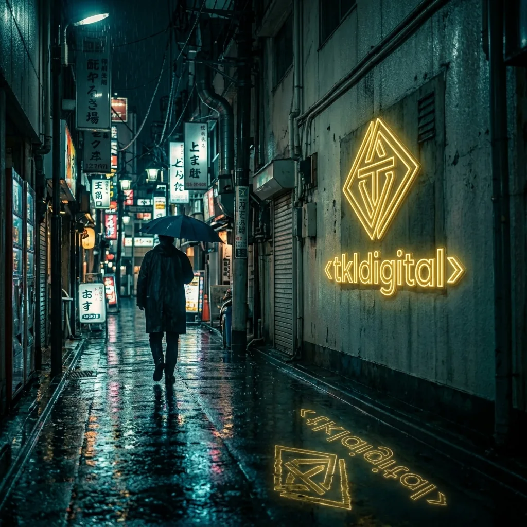 Tokyo noir — neon logo w deszczowej uliczce
