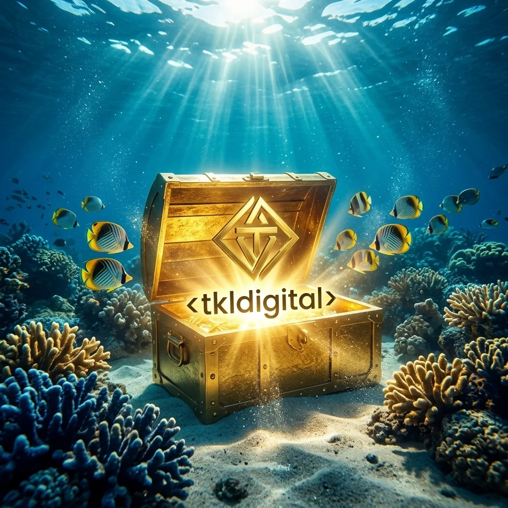 Złoty skarb z logo na dnie oceanu