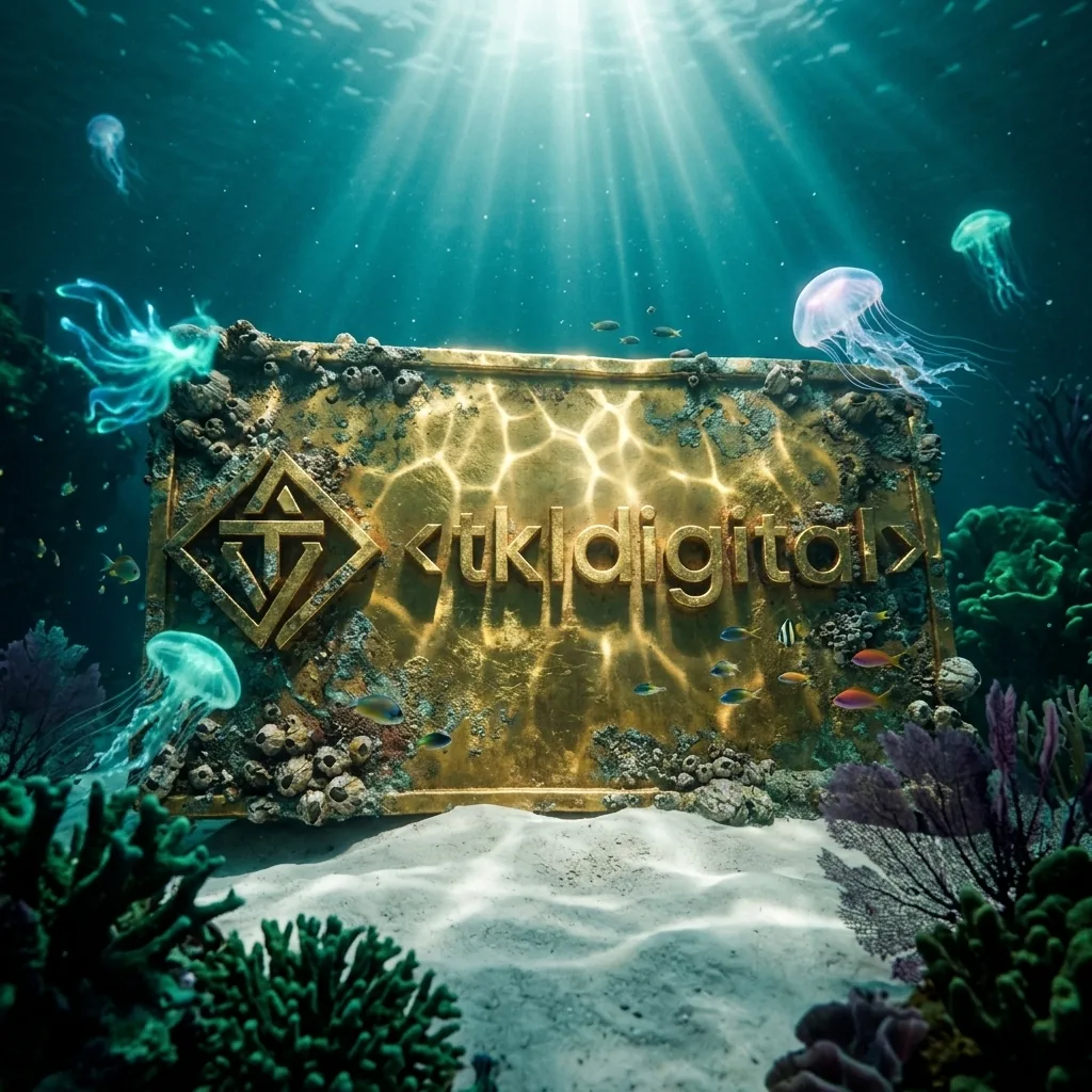 Złota tablica z logo pod wodą wśród meduz i koralowców