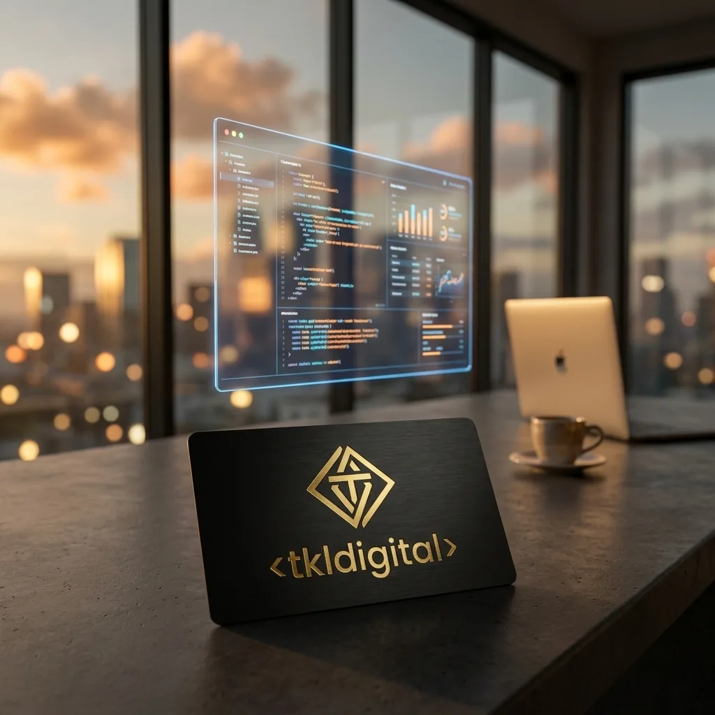 Hologram logo nad biurkiem w futurystycznym workspace